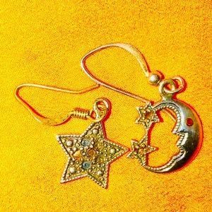 Moon & Star Sterling 925 Earrings, Garnet, & CZ